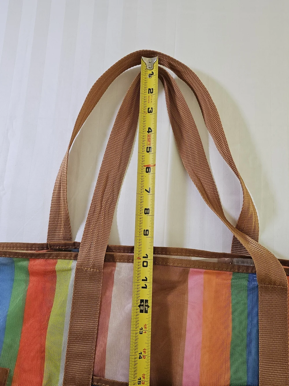 Striped Multicolor Beach Tote Bag with Brown Straps